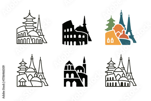Diversity Unity Logos. Celebrating diversity through cultural heritage sites. Set Logo of celebrating diversity through cultural heritage sites: layered