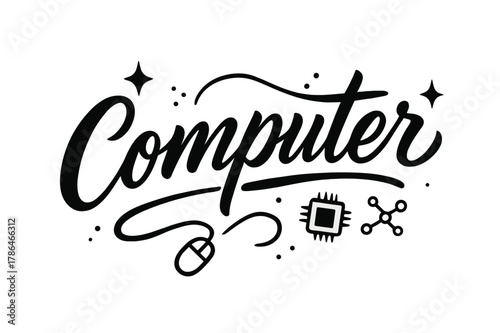 Elegant Digital Script. Script Hand-Lettering ? "Computer" in flowing brush script, semi-cursive with fluid strokes, slight upward tilt to convey modernity and