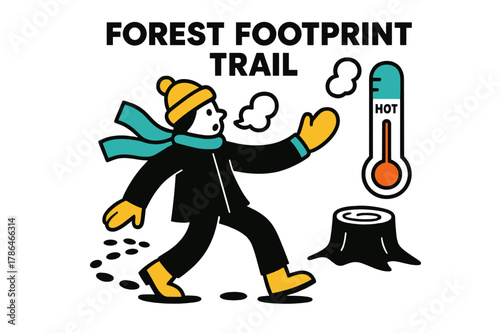 Snowy Trail Adventure. Forest Footprint Trail. Snowy ground shows a dotted path veering behind a stump; breath puffs drift like tiny clouds. A ?hot/cold? meter