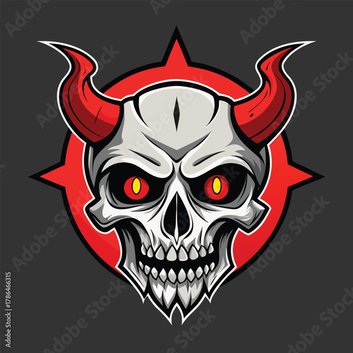 Fierce skull with red horns and glowing eyes against a red symbol