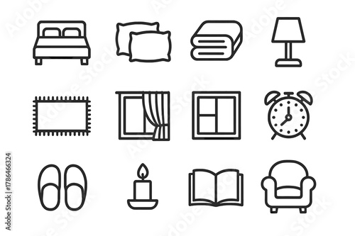Bedroom Comfort Icons. Bedroom Comfort. Line icon set of Bedroom Comfort: bed, pillows, blanket, bedside lamp, rug, curtain, window, alarm clock, slippers,
