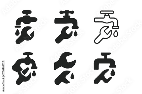 Leaky Faucet Logos. Fixing a leaky faucet in the kitchen. Icon set. Set Logo of Fixing a leaky faucet in the kitchen: adjustable wrench. harmonious logo