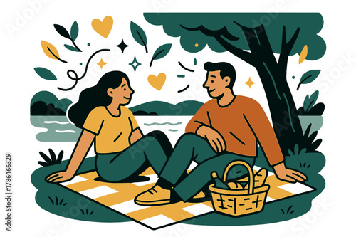 Romantic Picnic Scene. A couple having a picnic by the lake, relaxing and enjoying the outdoors. Pair sitting under tree shade with picnic blanket and basket;