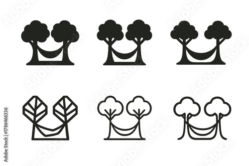 Hammock Emblem Variations. Peaceful slumber. Set Logo of Peaceful slumber: hammock between two trees. Icon set. harmonious logo variations of the