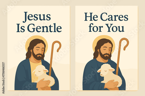 Gentle Shepherd Banners. Gentle Shepherd. Two vertical A6 banners with safe margins, centered composition, no elements touching edges, pastel, navy and gold,