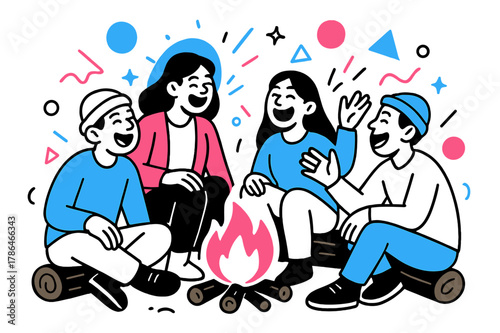 Campfire Laughter. Laughing in a Group. People gathered around a campfire laughing with floating abstract geometric shapes and soft glowing accents, cozy and