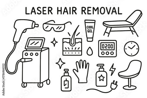 Laser Hair Removal Tools. Laser hair removal. Hand-drawn doodle illustration Laser hair removal laser device, safety goggles, bed, skin outline, pulse light,