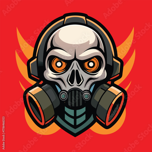 Skull wearing headphones and a gas mask with fiery wings on a red background