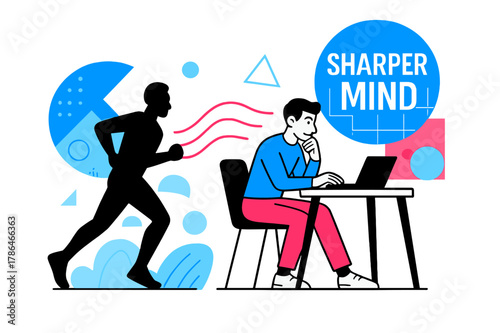 From Motion to Mindset. Focus & Productivity. A jogger silhouette transitions into a person at a desk; energy lines flow from motion to mindset. ?Sharper Mind?