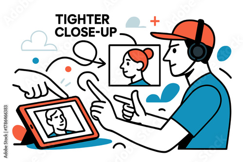 Film Director's Vision. Behind-the-scenes filming ? Director?s notes. A tablet glows with sketches; gesture lines swirl from a pointing hand to the frame.