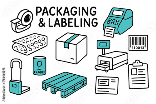 Doodle Packaging Elements. // Packaging & labeling. Hand-drawn doodle illustration Packaging & labeling [carton box (accented), tape dispenser, label printer