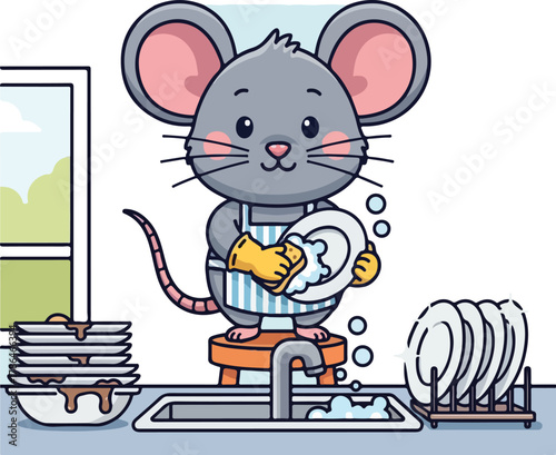 Cute Cartoon Mouse Washing Dishes in the Kitchen Sink Domestic Chore Illustration