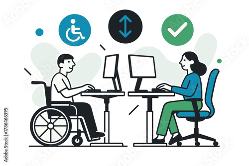 Ergonomic Workstation Design. Accessible work setup. A workstation with height-adjustable desks, ergonomic