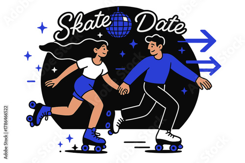 Roller Rink Romance. Roller rink romance. They glide hand-in-hand past neon arrows; wheels spark tiny stars on the floor. ?Skate date? loops in cursive around