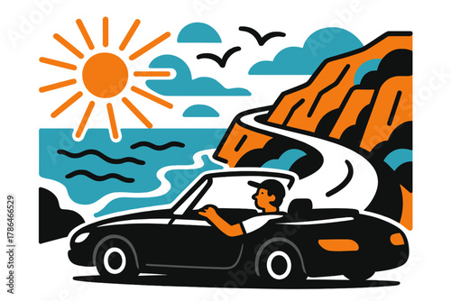 Scenic Coastal Drive. Coastal journey. A driver enjoying the view from a convertible along cliffside roads,
