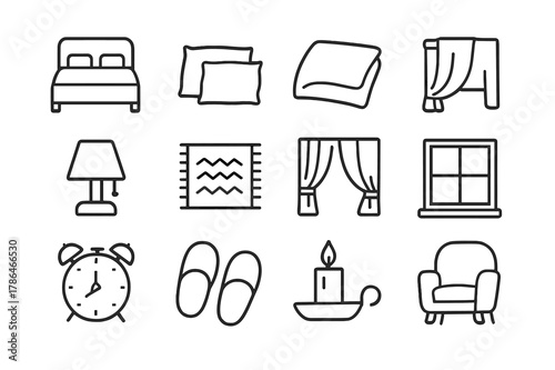 Bedroom Comfort Icons. Bedroom Comfort. Line icon set of Bedroom Comfort: bed, pillows, blanket, bedside lamp, rug, curtain, window, alarm clock, slippers,