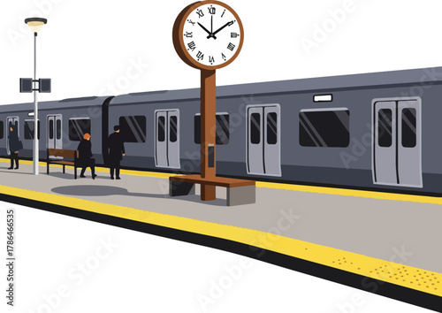 Commuters Wait for Subway Train at Station Platform with Large Clock Urban Transportation Concept