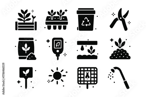 Sage Herb Gardening Icons. Sage herb gardening. Solid icons set of Sage herb gardening: raised bed, seedling tray, compost bin, pruning shears, soil bag, pH