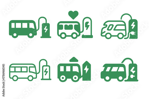 Climate Hope Icons. Climate hope. Icon set. Set Logo of climate hope: electric bus charging at station. harmonious logo variations of the same emblematic