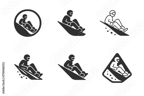 Volcano Boarding Logos. Volcano boarding. Set Logo of Volcano boarding: rider carving ash slope. harmonious logo variations of the same emblematic concept,