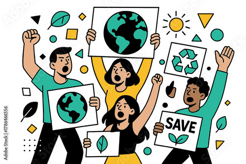 Dynamic Environmental Protest. Environmental Protests. Activists holding Earth-themed banners with floating abstract geometric shapes and environmental icons,