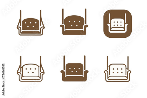 Garden Swing Logos. Adding colorful outdoor cushions and throws to a garden seating area. Set Logo of garden swing: porch swing with tufted cushions. Icon set.