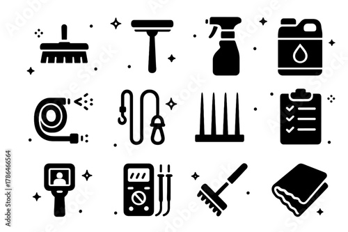 Solar Panel Icon Set. Solar panel maintenance and cleaning. Solid icons set of Solar panel maintenance and cleaning: soft brush, squeegee, spray bottle,