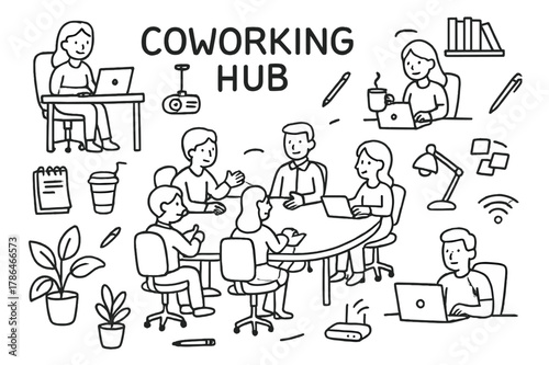 Coworking Hub Doodle. Coworking Hub. Hand-drawn doodle illustration Coworking Hub people at desks, laptops, chairs, coffee cups, plants, notebooks, pens,