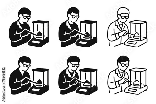 Laboratory Emblems Collection. Laboratory assistants performing hands-on tasks. Set Logo of Laboratory assistants performing hands-on tasks: weighing powder on