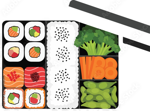 Healthy Japanese Bento Box Lunch with Sushi Rice and Fresh Vegetables Illustration