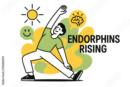 Mental Wellness Stretch. Mental Wellness Boost. A person stretches in sunlight, floating icons show brain sparks and smile glyphs. ?Endorphins Rising? glows in
