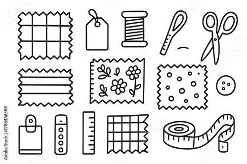 Sewing Tools Doodles. Fabric swatches. Hand-drawn doodle illustration fabric swatches fabric samples, tag, thread spool, scissors, ruler, button, grid, stripe,