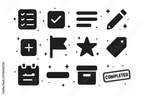 Task Management Icons. To-Do and Tasks. Solid icons set of To-Do and Tasks: checklist, checkbox tick, bullet list, pencil edit, plus task, priority flag, star