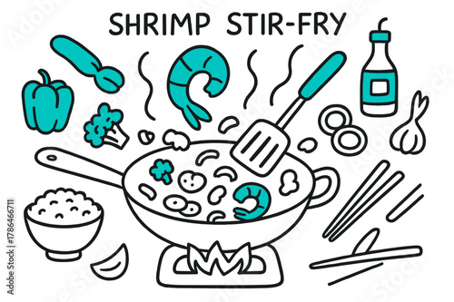 Shrimp Stir-Fry Illustration. // Shrimp stir-fry. Hand-drawn doodle illustration Shrimp stir-fry [shrimp (accented), wok pan (accented), spatula (accented),