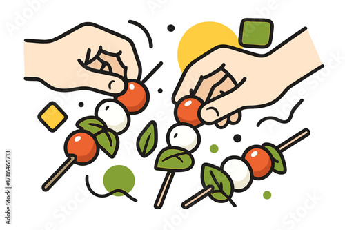 Caprese Skewers Assembly. Caprese Skewers. Hands assembling caprese skewers with cherry tomatoes, mozzarella balls, and basil with floating abstract geometric