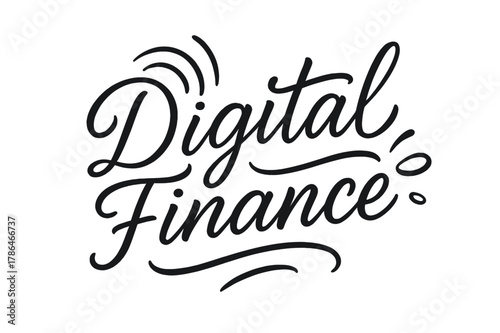 Digital Finance Script. Digital Finance ? brush script hand-lettering; fluid semi-cursive strokes with thin connectors and fast brush flicks; composition: