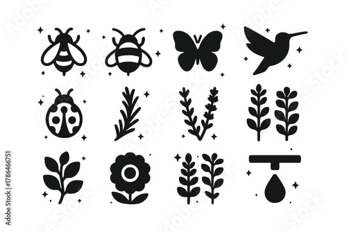 Sage Pollinators Icons. Pollinators and companions for sage. Solid icons set of Pollinators and companions for sage: honeybee, bumblebee, butterfly,