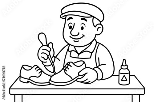 Cobbler's Workshop Fun. Shoe maker children?s coloring book illustration, outlined drawing, friendly cobbler
