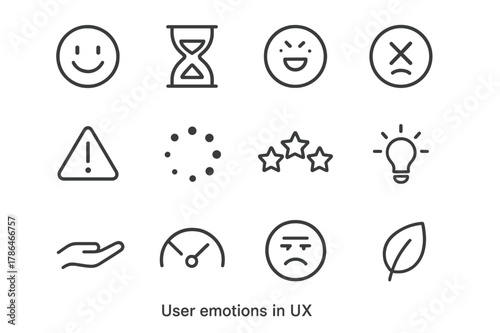 User Emotions Icons. User Emotions in UX. Line icon set of User Emotions in UX: onboarding smile, wait time hourglass, success confetti, failure cross, warning