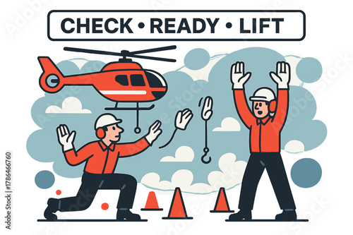 Hoist Drill Training Scene. Training Day Hoist Drill. Cones mark the LZ; crews practice hand signals under a crisp blue sky. ?CHECK ? READY ? LIFT? ticks