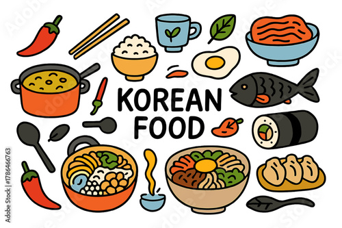 Colorful Korean Cuisine Doodles. Korean Food. Colorful Hand-drawn doodle Children illustration Korean Food kimchi, bibimbap bowl, chopsticks, rice, soup pot,