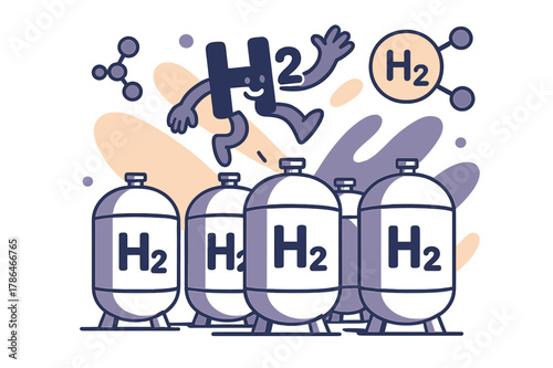 Hydrogen Tank Innovation. Hydrogen Storage Tanks. Cylindrical tanks arranged in clean rows reflect sunlight;