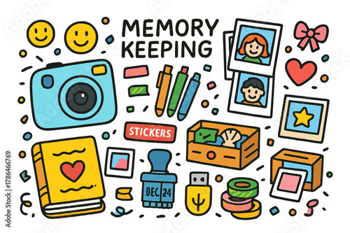 Home Memory Doodles. Memory keeping at home. Colorful Hand-drawn doodle Children illustration Memory keeping at home instant camera, photo prints, scrapbook,