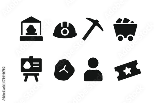 Mining Museum Icons. Mining museum. Filled icon set of mining museum: exhibit case, helmet, pickaxe, mining