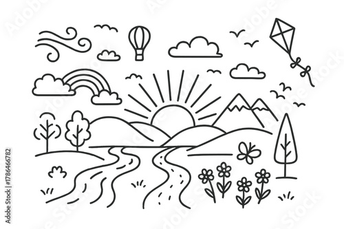 Morning Landscape Doodle. Morning Landscape. Hand-drawn doodle illustration Morning Landscape sun rising, hills, trees, river, clouds, birds, flowers, path,