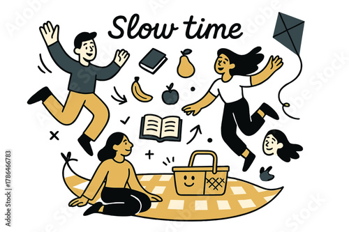 Vibrant Picnic Scene. Picnic on the grass. A checkered blanket opens like a smile as fruit and books float into place; ?Slow time? curls above. A kite string