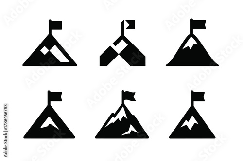 Positive Thinking Logos. Positive thinking. Icon set. Set Logo of Positive thinking: mountain peak with flag. harmonious logo variations of the same emblematic