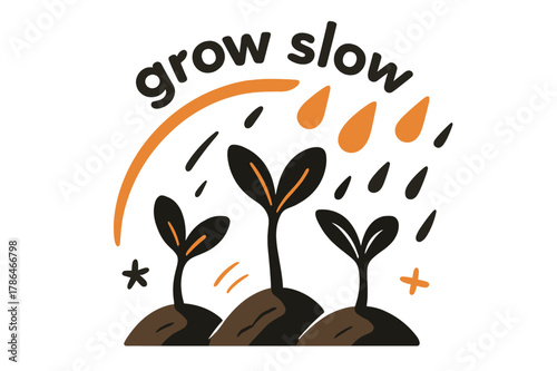 Nourishing Rainfall Art. Seeds ? Rain Nourish. Droplets fall across sprouting soil; arcs mark hydration lines. Caption ?grow slow? curves above seedlings.