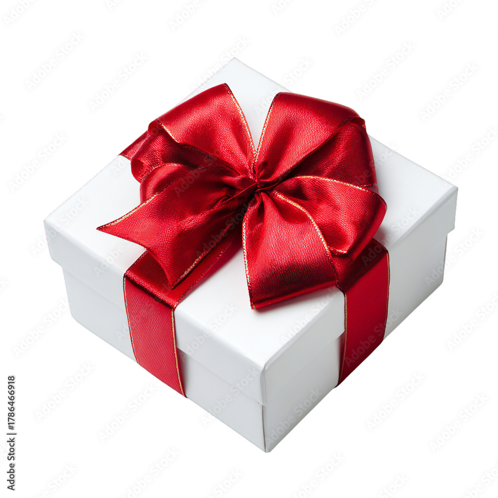 Fototapeta premium White gift box with red satin ribbon bow isolated on transparent background