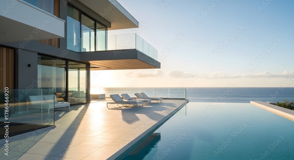 Fototapeta premium Modern house exterior with pool and ocean view contemporary villa luxury architecture design